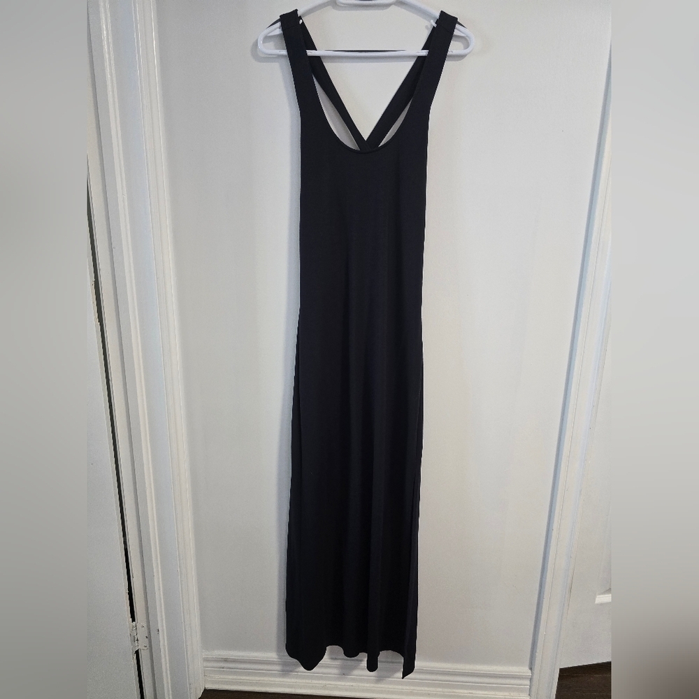 Michael Kors Stretch Knit Elegant Black Maxi Dress Open Back Slit Size S M